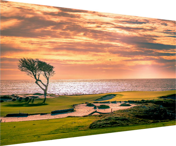 Scenic view of Pebble Beach 17-mile Road showcasing a sunset over the green landscape by the ocean. Fine art print.