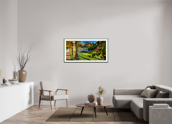 Scenic view from Pebble Beach Golf Links featuring the Champions of Pebble Beach monument and vibrant floral accents.