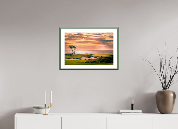 Fine art print capturing the scenic beauty of Pebble Beach 17-mile Road at sunset, perfect for home decor.