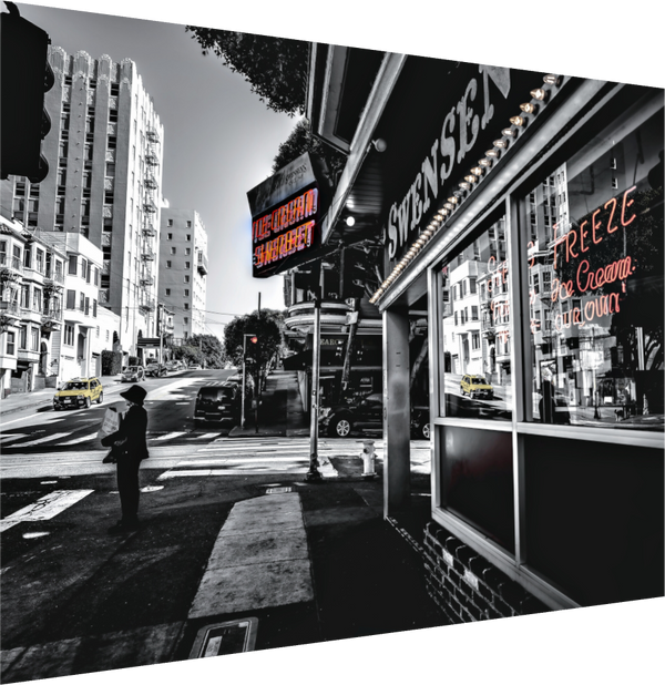 Historic streetscape featuring The Iconic Swenson's Ice Cream Parlor, a beloved landmark serving delicious treats.