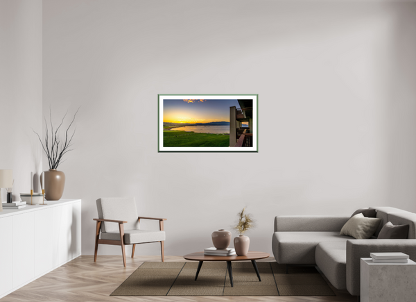 Stunning sunrise at Pebble Beach Golf Links, showcasing the 18th green and Pacific Ocean view from the lodging.