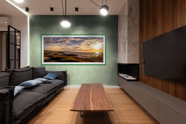 Stunning sunset on 17-mile Drive in Pebble Beach, capturing the serene coastline in a fine art print.