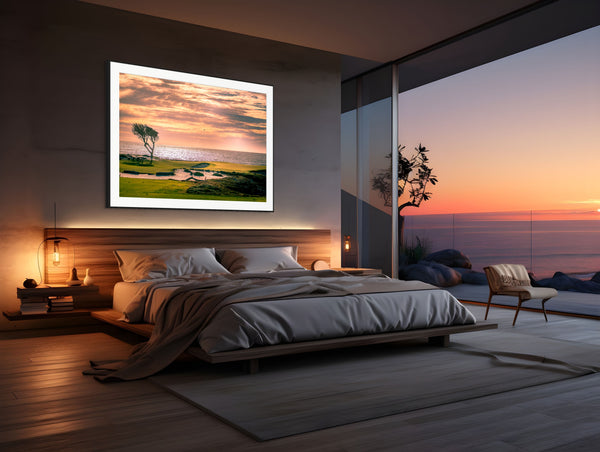 Stunning view of the Pebble Beach 17-mile Road, featuring vibrant greens and coastal beauty at sunset.