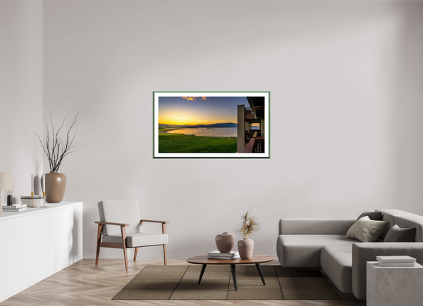 Morning glow over the 18th green and Pacific Ocean in the Sunrise at Pebble Beach Golf Links fine art print.