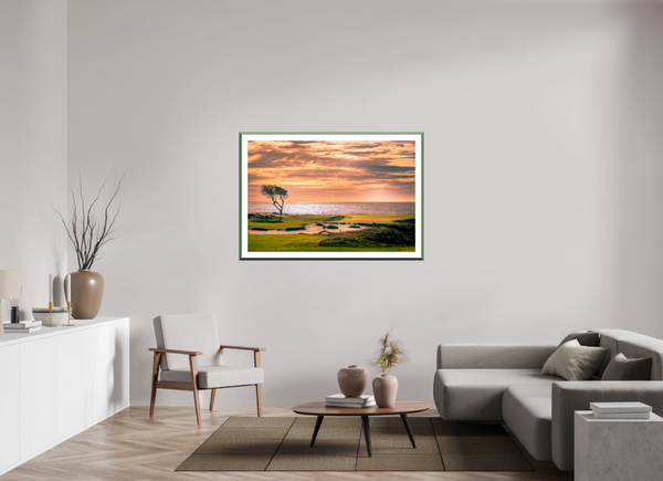 Fine art print showcasing the famous green along Pebble Beach 17-mile Road at sunset, perfect for any decor.