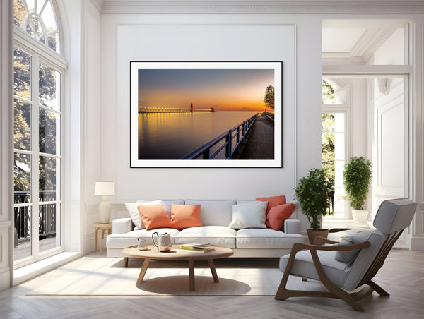 Serene evening view on the Grand Haven channel, showcasing "Calm on the Channel" art for peaceful decor.