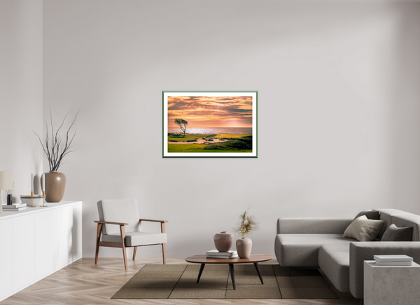 Stunning fine art print of Pebble Beach 17-mile Road with coastal views and vibrant sunset skies. Perfect for decor.