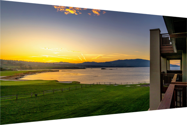 Breathtaking sunrise at Pebble Beach Golf Links, showcasing the 18th green and Pacific Ocean view. Fine art print.
