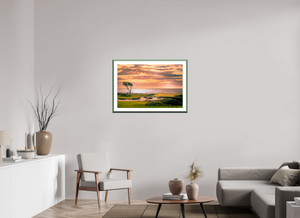 Fine art print of the Pebble Beach 17-mile Road, featuring stunning greens and a scenic coastal view.