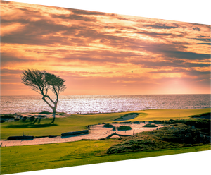 Scenic view of Pebble Beach 17-mile Road showcasing a sunset over the green landscape by the ocean. Fine art print.