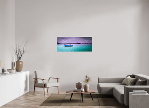 Tranquil scene of boats moored in a Caribbean harbor, showcasing "Aftermath in the Harbor" artwork.