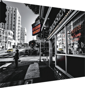 Historic streetscape featuring The Iconic Swenson's Ice Cream Parlor, a beloved landmark serving delicious treats.