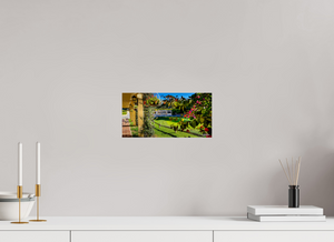 Beautiful view from Pebble Beach Golf Links, featuring the Champions of Pebble Beach monument and vibrant flowers.