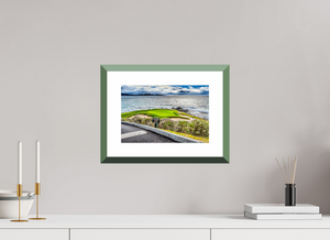 Framed artwork showcasing The Iconic 7th Green at Pebble Beach, capturing its stunning coastal views and lush greenery.