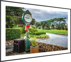 The First Tee at Pebble Beach clock, a stunning landmark at the iconic Pebble Beach golf course. Fine Art Print available.