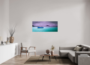 Boats moored in a serene Caribbean harbor, showcasing "Aftermath in the Harbor" artwork. Perfect for coastal decor.