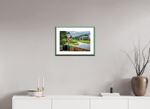 Fine art print of The First Tee at Pebble Beach, featuring the iconic Pebble Beach clock in a stunning setting.