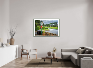 Fine art print of The First Tee at Pebble Beach, showcasing the iconic clock at a stunning golf course.