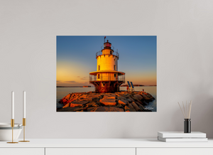 Golden Hour at Spring Point Ledge Lighthouse captures Maine's coastal charm in stunning sunset hues. Perfect for any space.