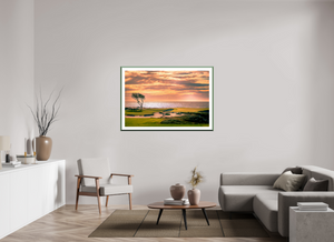 Fine art print showcasing the famous green along Pebble Beach 17-mile Road at sunset, perfect for any decor.