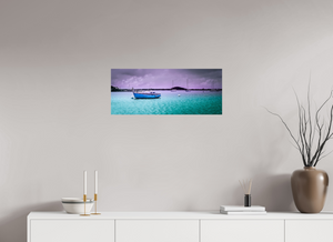 Boats moored in a vibrant Caribbean harbor in "Aftermath in the Harbor," perfect for coastal decor.