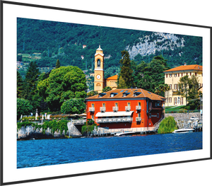 Elegant restaurant by the shore, perfect for dining on Lake Como amid stunning scenery and vibrant architecture.