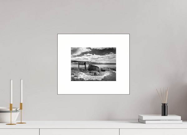 Black-and-white photo showcasing the Grand Haven Harbor Navigation Project along Michigan's rugged lakeshore.