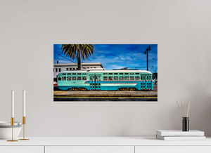 Colorful San Francisco Streetcar parked along Embarcadero, showcasing the city's iconic transit system.