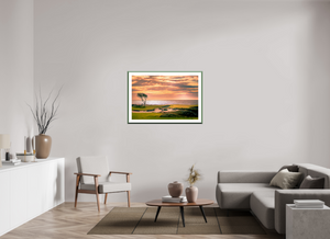 Stunning fine art print of Pebble Beach 17-mile Road with coastal views and vibrant sunset skies. Perfect for decor.