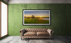 Stunning view of No. 18 at Pebble Beach at sunrise, enhancing any space with vibrant colors and serene beauty.