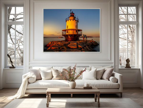 Golden Hour at Spring Point Ledge Lighthouse illuminates the stunning coastal beauty of Portland Harbor at sunset.
