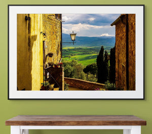 Stunning view from Pienza showcasing Tuscany's rolling hills, perfect for home decor and art lovers. A View from Pienza.