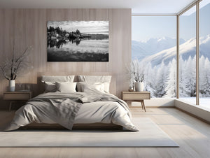 Serenity on the Water – Lake Tahoe in Black and White captures tranquil lakeside reflections and majestic pines.